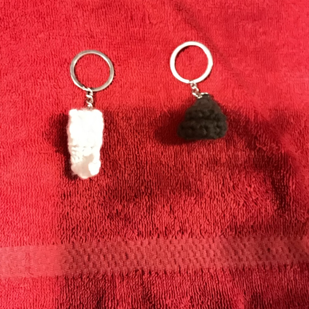 Keychains.     Toilet paper and poop., croquette corn, little chick, jellyfish
